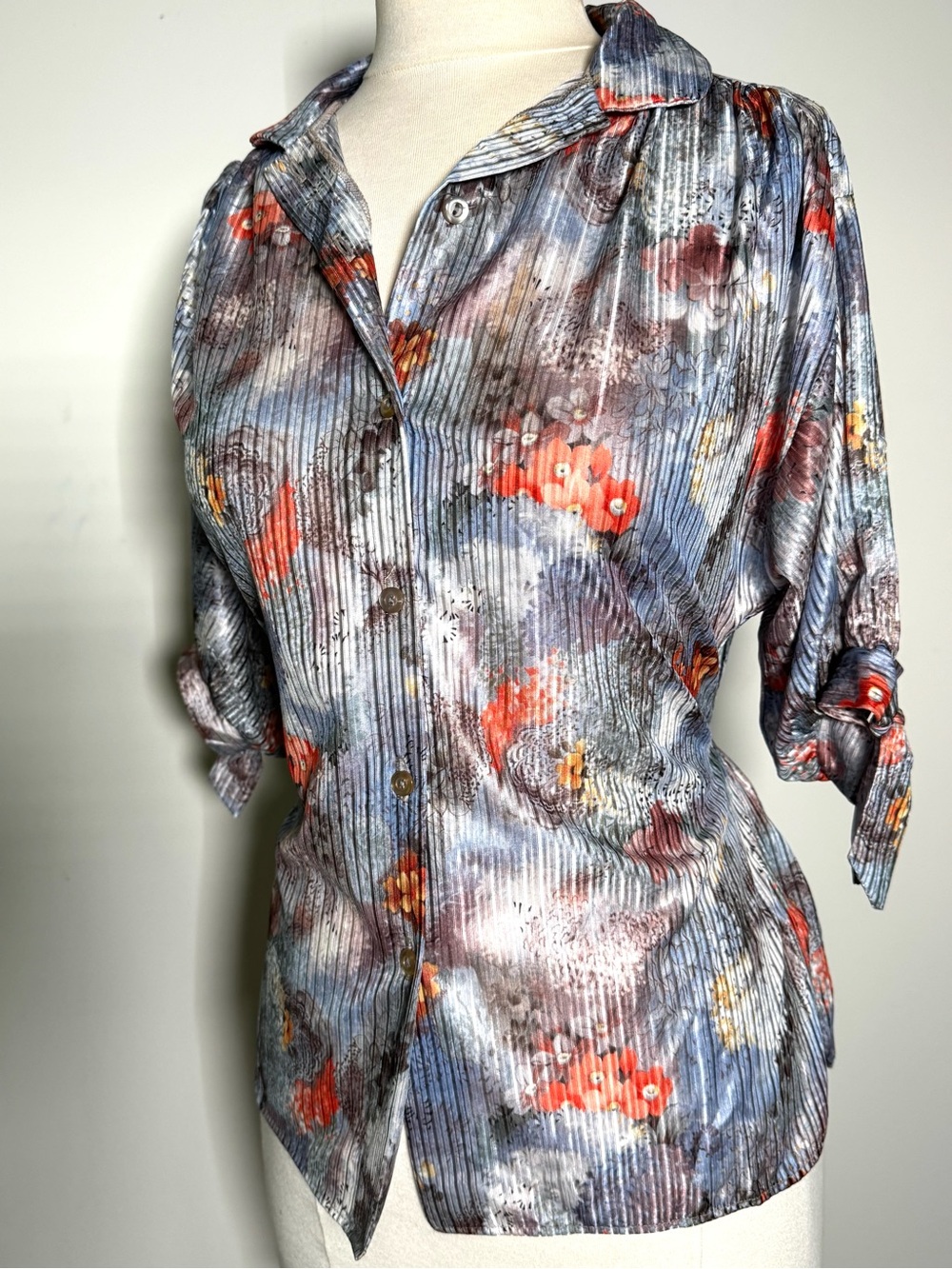 1970s Cheri Alan Vintage Floral Blouse Tie Waist and Cuffs Medium Large Stunning